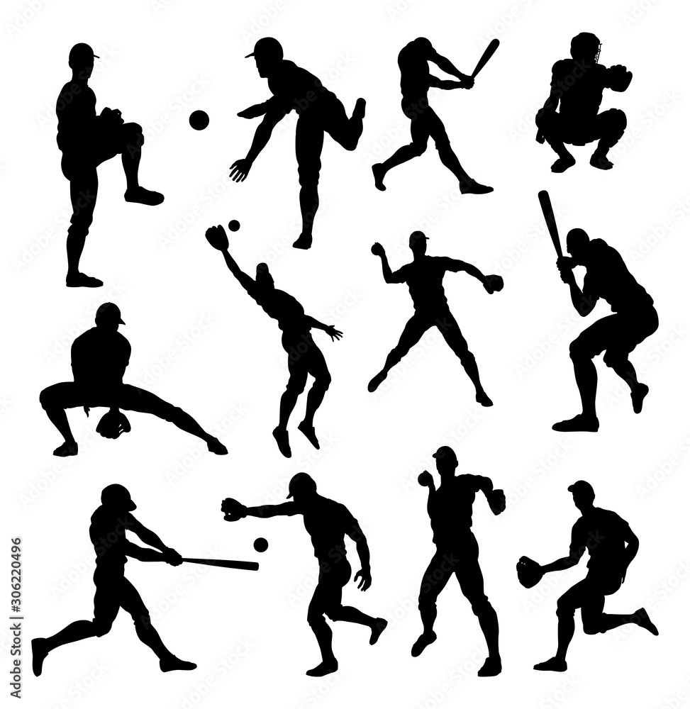 Baseball player detailed silhouettes sports set in lots of different poses