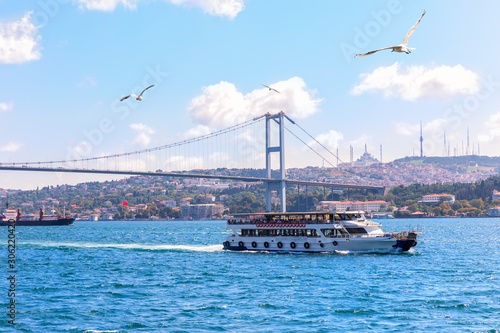 The Bosphorus strait of Istanbul, view of the Bridge and the ships