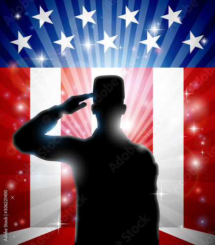 A patriotic soldier standing saluting in front of an American flag background