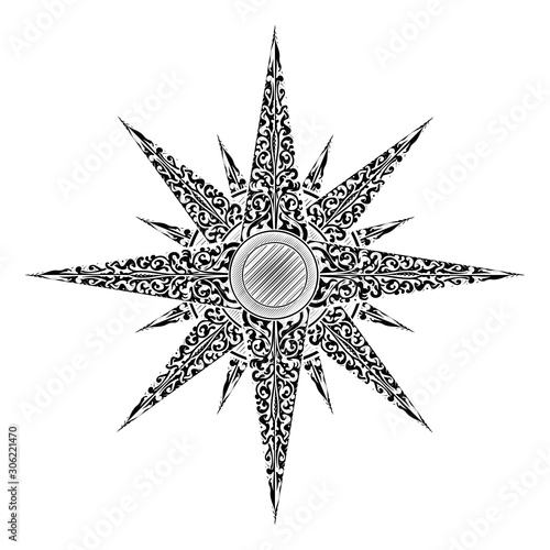 A vintage design Christmas star with an abstract pattern in a woodcut or woodblock retro style