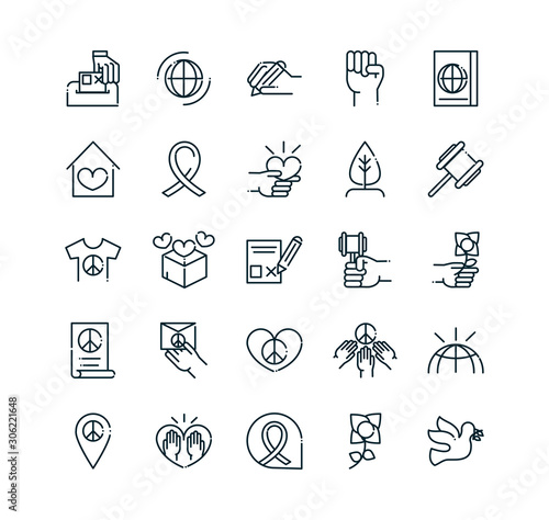 peace and human rights icons set line