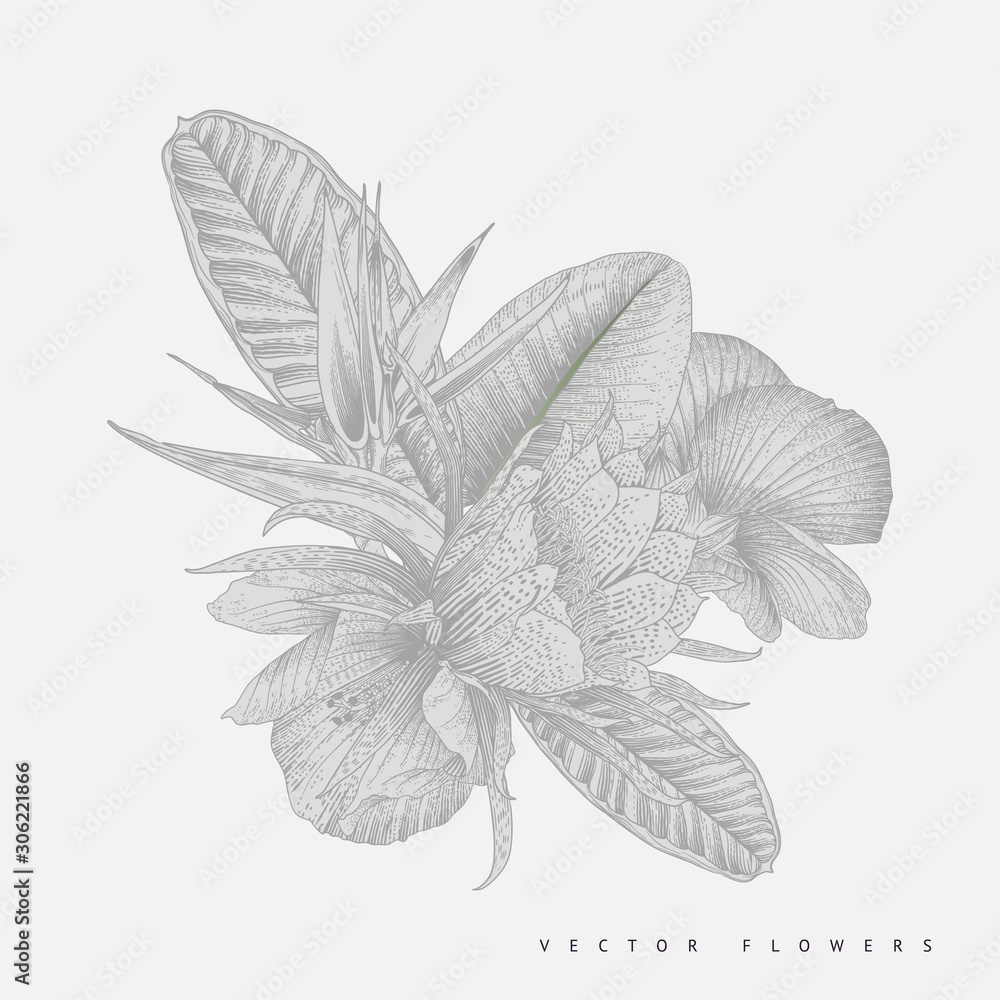 Bouquet of flowers, can be used as greeting card, invitation card for wedding, birthday and other holiday and summer background. Vector. Botanical art. Engraving style Bouquet of flowers, can be used as greeting card, invitation card for wedding, birthday and other holiday and summer background. Vector. Botanical art. Engraving style