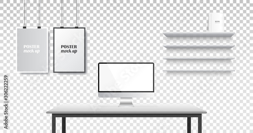 Vector realistic office creative space. Workspace mock up template. Modern business workplace front view isolated on transparent background. Part of interior with blank white computer display.