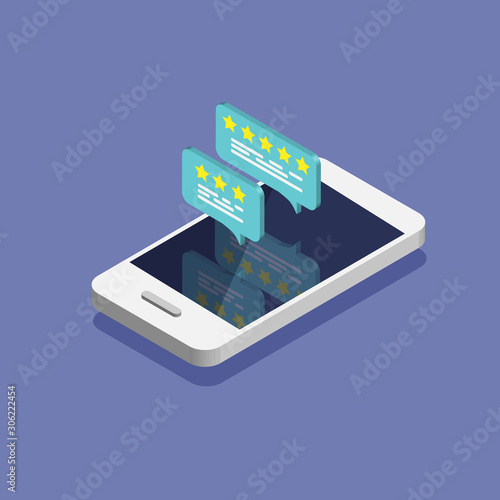 Isometric smartphone with reviews rate on the screen. Review rating bubble speeches on mobile phone. Bubble speeches concept. Vector illustration.	