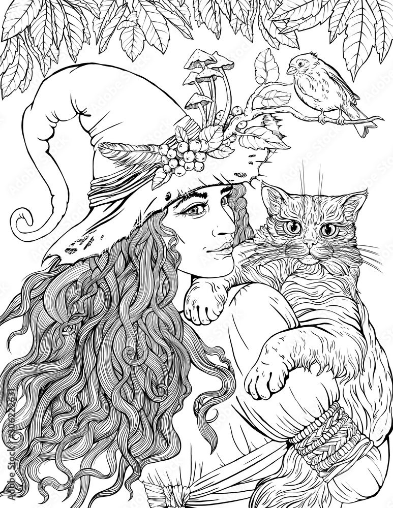 Coloring page of the forest witch with a cat Stock Illustration Adobe