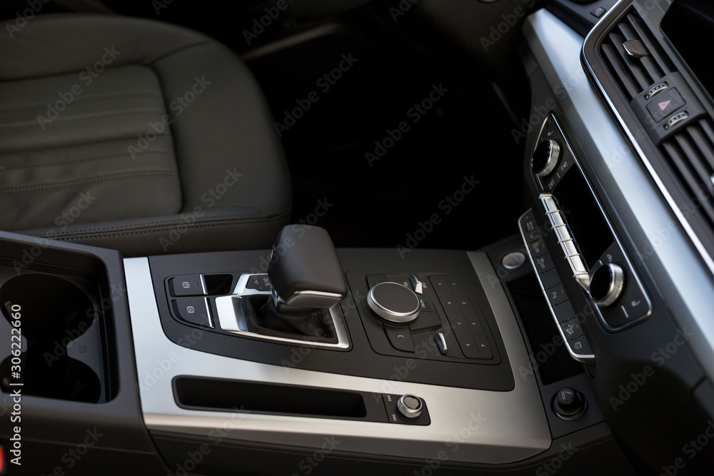 Interior of new modern car with automatic transmission. For use as a background.