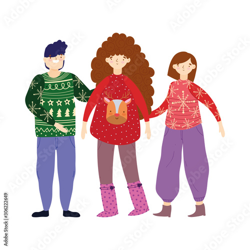 merry christmas celebration people wearing ugly sweaters