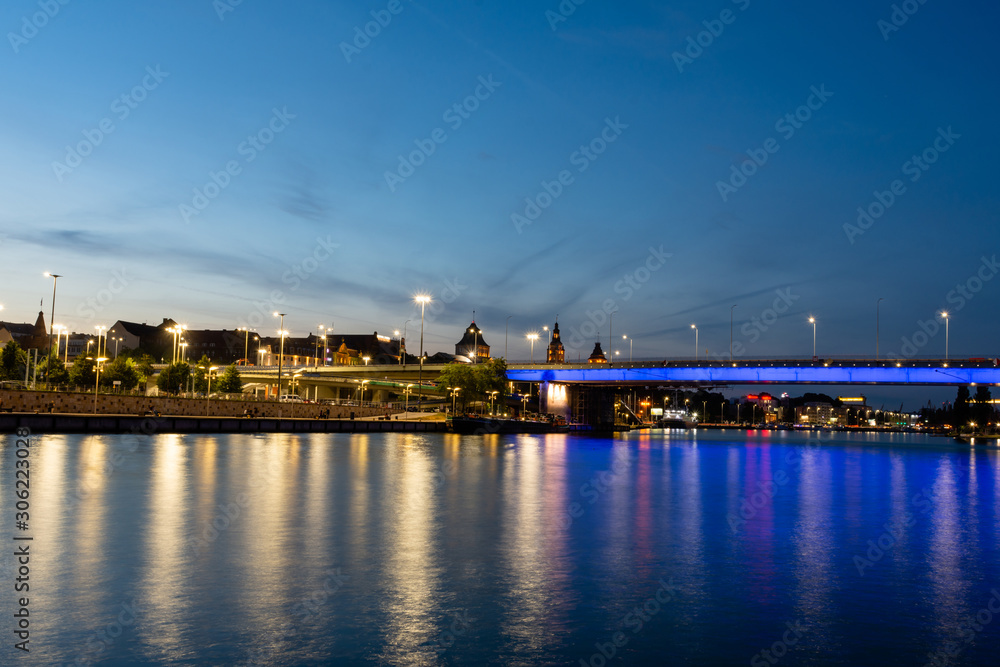 Szczecin and the Odra River at dusk. Summer time.