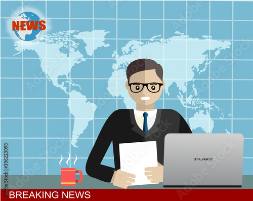 Breaking news - News announcer in the studio - Vector flat design illustration.