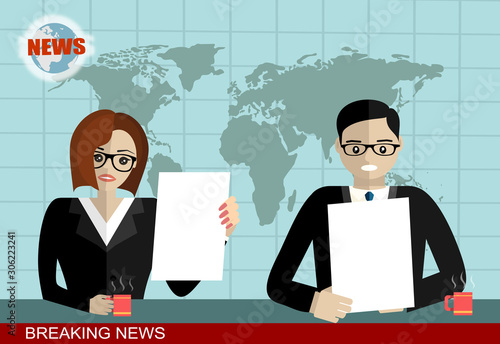 Breaking news - News announcers in the studio - Vector flat design illustration.