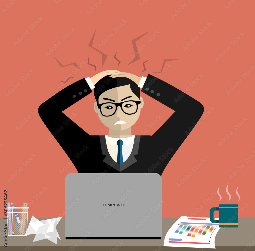 Stress at work concept flat illustration. Stressed out men in suit with glasses, in office at the desk. Modern design for web banners, web sites, printed materials, infographics. Flat vector.