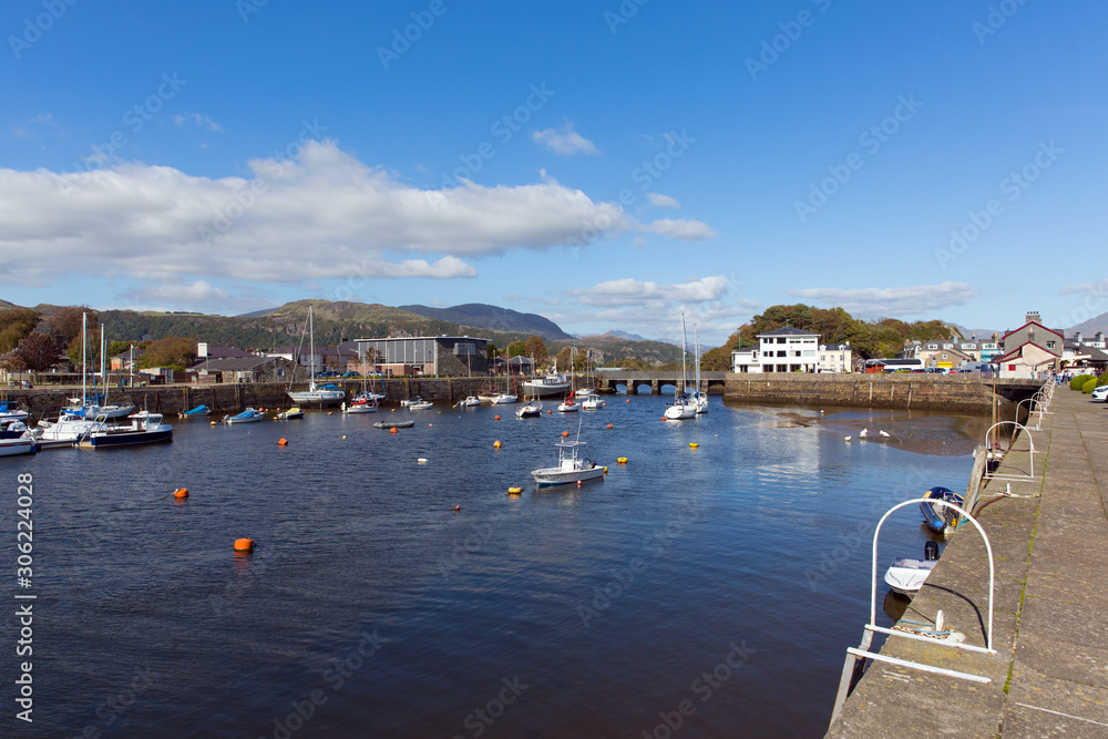 Porthmadog Wales harbour with boats in Welsh coastal town east of Criccieth near Snowdonia National Park 