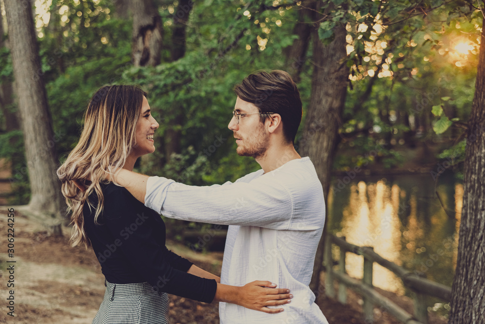 Naklejka premium Newly in love couple walk planning their life in common.