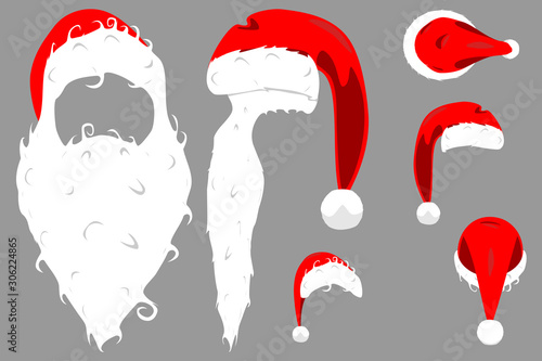Santa Claus red hat with collar and pompon side, back, front and top view isolated vector illustration