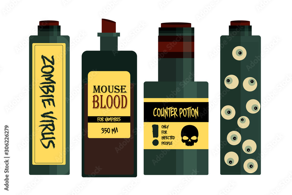 Set of magic cartoon bottles and potions. Vector illustration. Magic elixir hand drawn collection. Set of magic cartoon bottles and potions. Vector illustration. Magic elixir hand drawn collection.