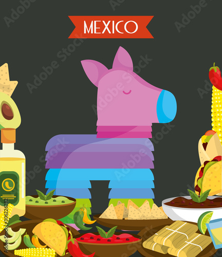 colorful pinata and food mexico traditional event decoration card