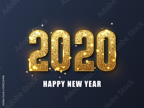New Year 2020 Elegant gold text with light. Holiday vector illustration of golden numbers 2020. Festive poster or banner design.