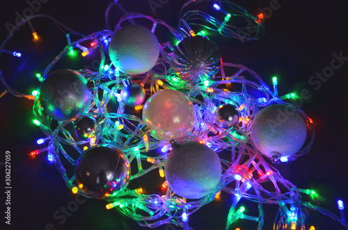 2020 with traditional New Year's balls and bright garlands on New Year's Eve