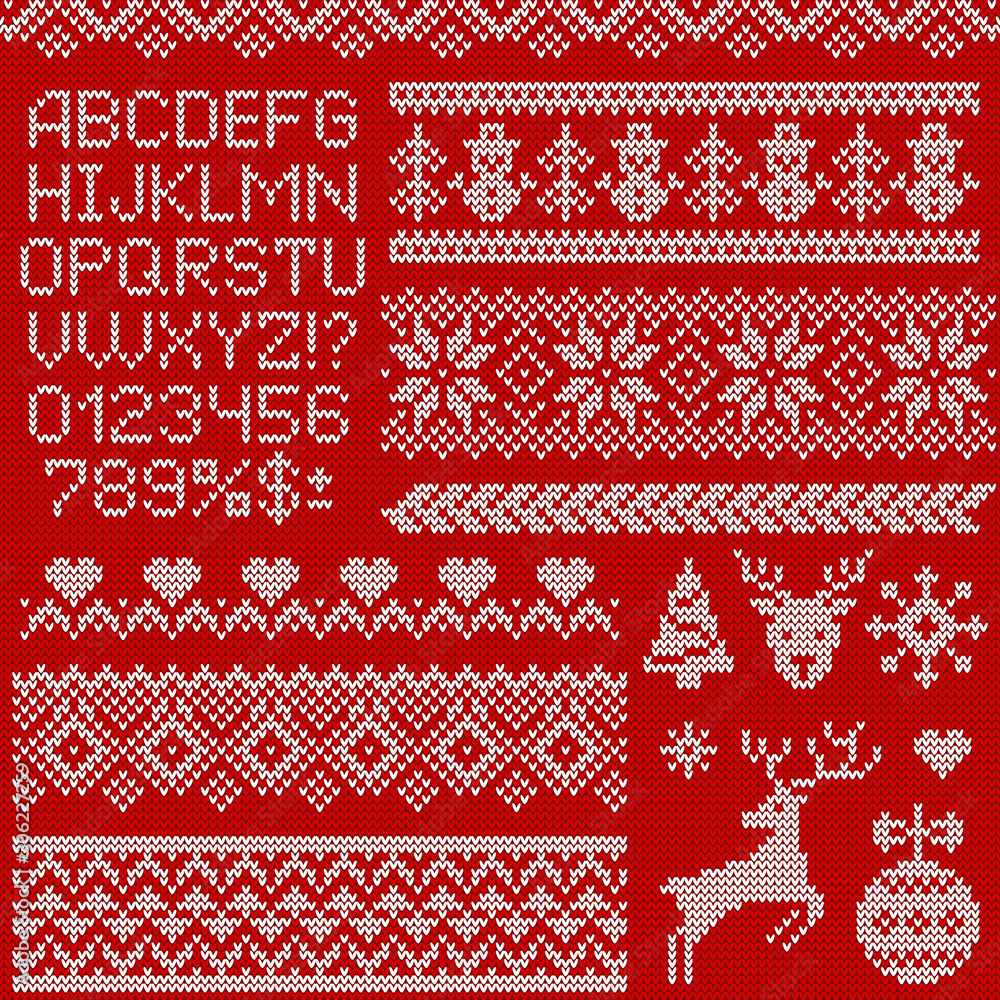 Knitted sweater patterns, elements and letters. Vector set. Stock ...