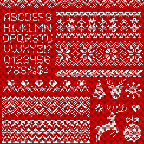 Knitted sweater patterns, elements and letters. Vector set.