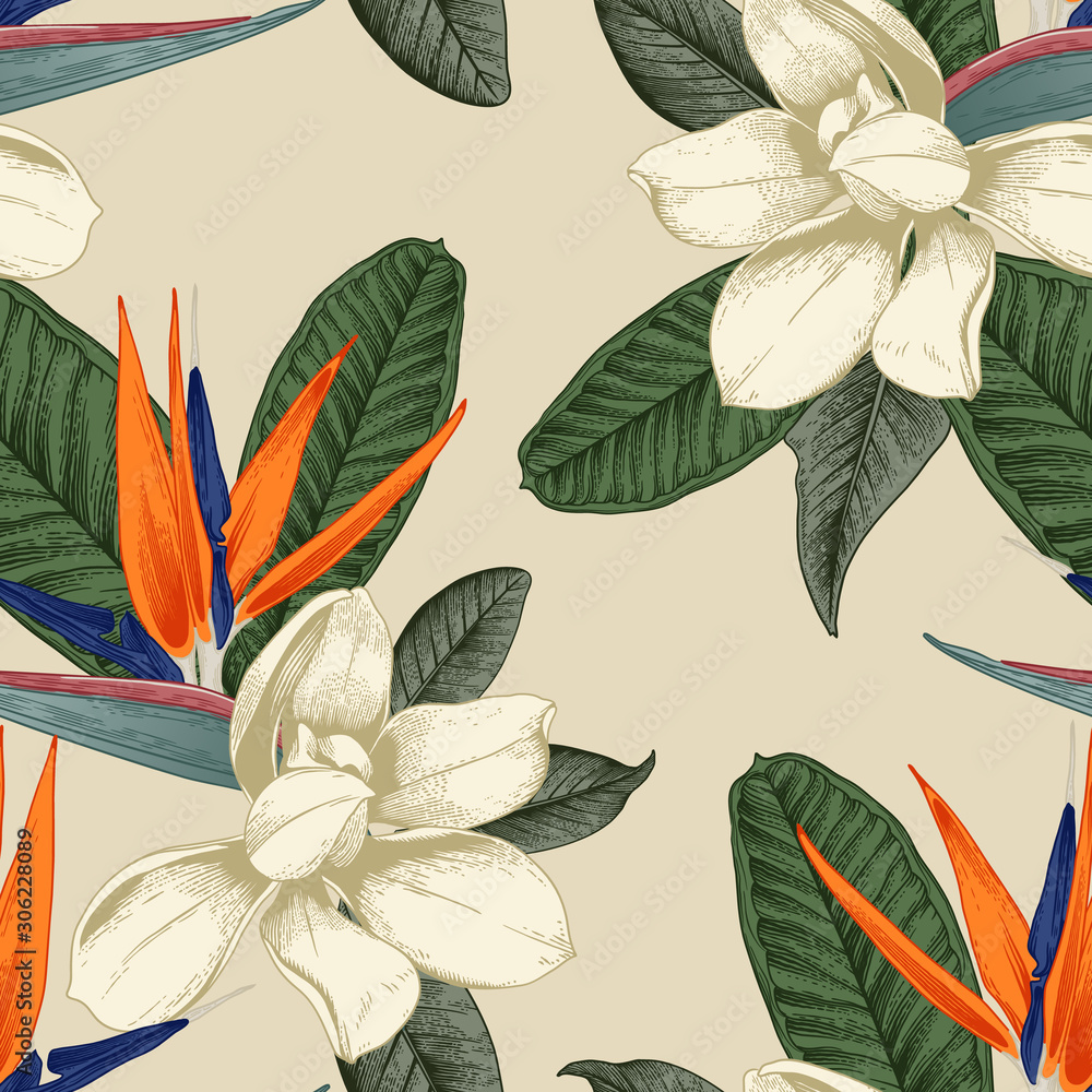 Seamless floral pattern with tropical flowers on light background. Template design for textiles, interior, clothes, wallpaper. Vector illustration. Botanical art. Engraving style