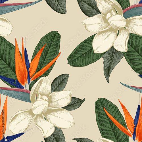 Seamless floral pattern with tropical flowers on light background. Template design for textiles, interior, clothes, wallpaper. Vector illustration.  Botanical art.  Engraving style