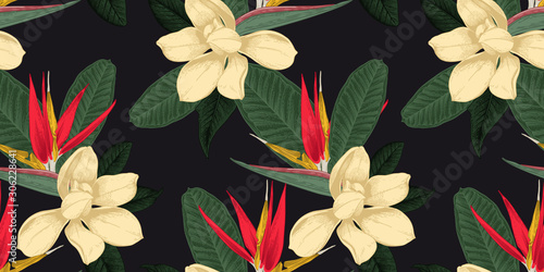 Seamless floral pattern with tropical flowers on light background. Template design for textiles, interior, clothes, wallpaper. Vector illustration.  Botanical art.  Engraving style