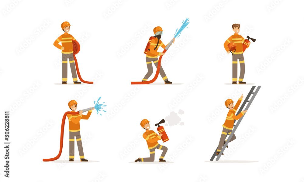 Young Firefighter Wearing Uniform Performing His Duties and Saving People Vector Illustrations Young Firefighter Wearing Uniform Performing His Duties and Saving People Vector Illustrations