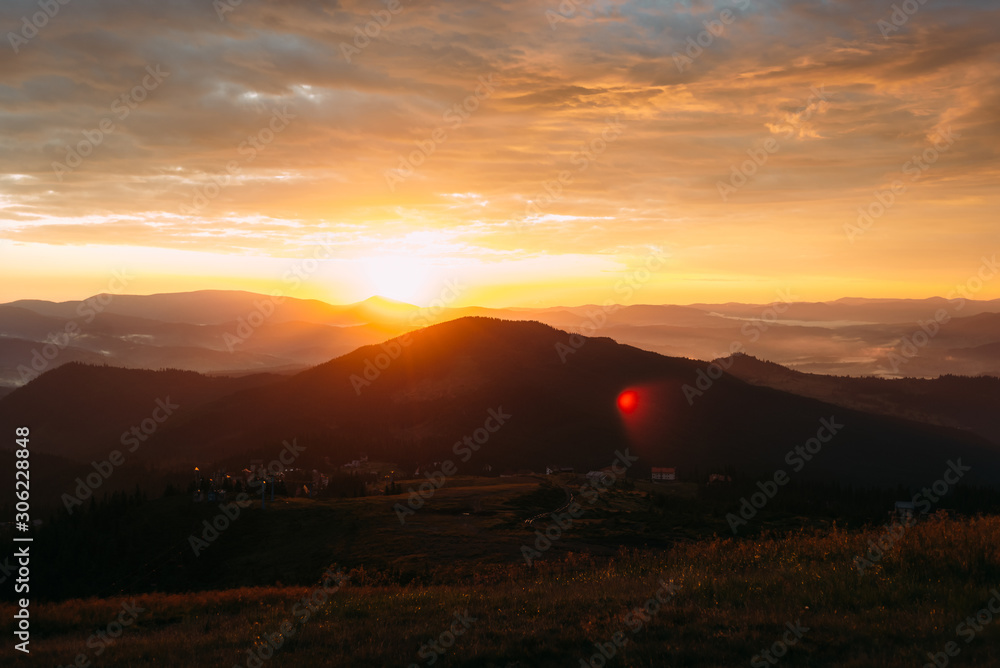 custom made wallpaper toronto digitalSunbeams at dawn in the mountains, light fog over the hills