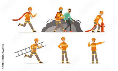 Young Firefighter Wearing Uniform Performing His Duties and Saving People Vector Illustrations