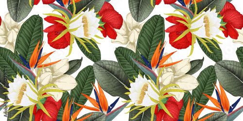 Seamless floral pattern with tropical flowers on light background. Template design for textiles, interior, clothes, wallpaper. Vector illustration.  Botanical art.  Engraving style