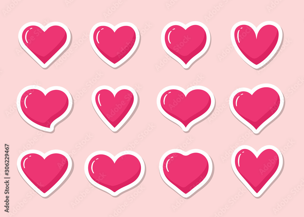 Set of pink heart shaped stickers. Collection of different romantic vector heart icons for web site, sticker, label, tattoo art, love logo and Valentines day.