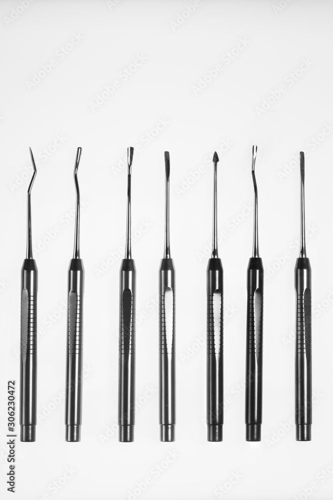 surgical dental instruments, photo in black and white style surgical dental instruments, photo in black and white style