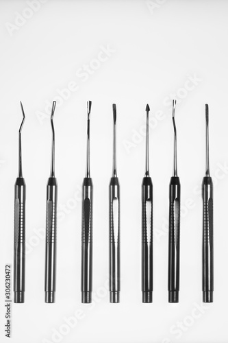 surgical dental instruments  photo in black and white style