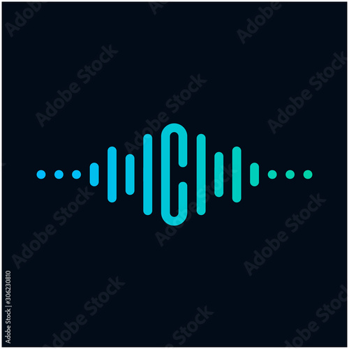 letter C with Pulse music player element. Logo template electronic music, equalizer, store, dj, nightclub, disco. Audio wave logo concept, Multimedia Technology themed, Abstract Shape. - vector