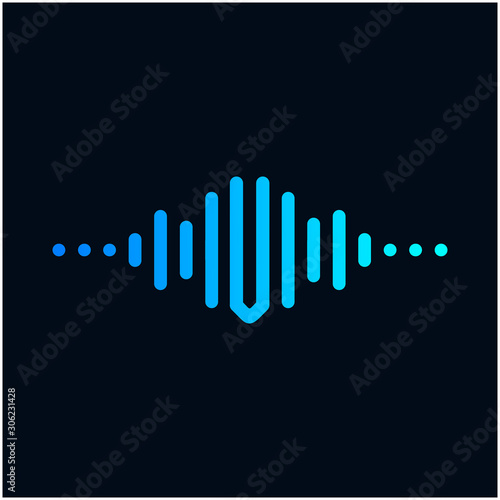 letter V with Pulse music player element. Logo template electronic music, equalizer, store, dj, nightclub, disco. Audio wave logo concept, Multimedia Technology themed, Abstract Shape. - vector