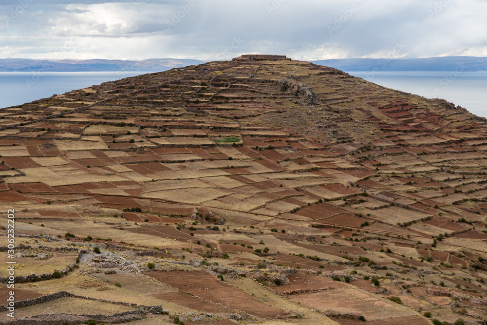 Mount Pachatata on the island of Amantani, lake Titicaca, Peru.