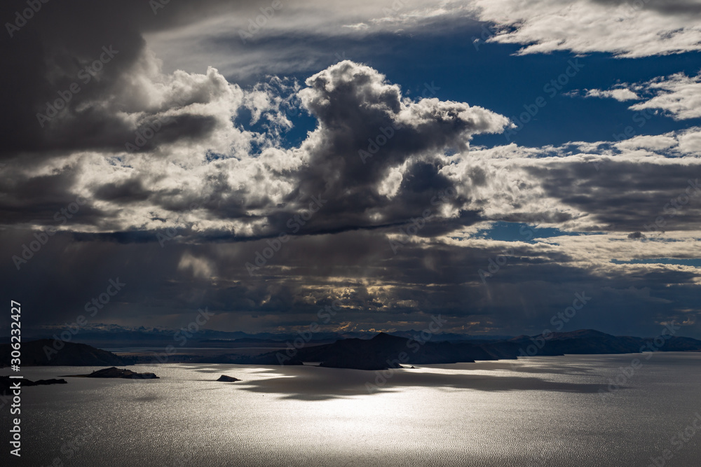 Sunset on Lake Titicaca. View from the Pachatata peak. Peru