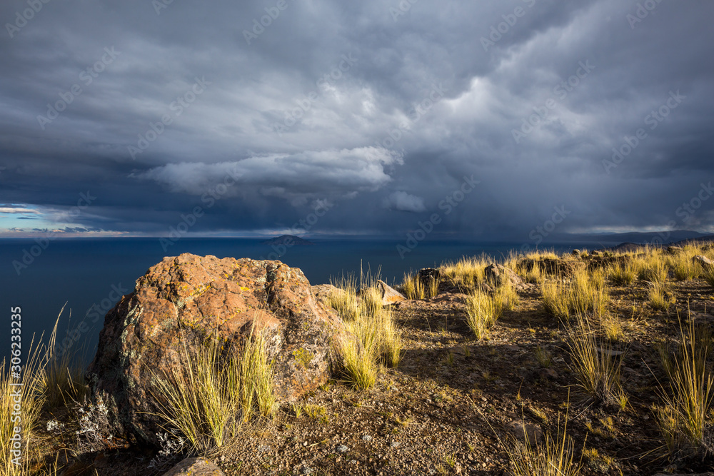 Sunset on Lake Titicaca. View from the Pachatata peak. Peru