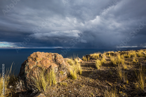 Obraz na płótnie Sunset on Lake Titicaca. View from the Pachatata peak. Peru w salonie