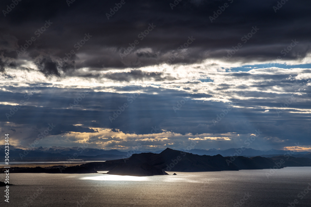 Sunset on Lake Titicaca. View from the Pachatata peak. Peru