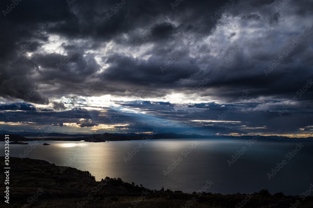 Sunset on Lake Titicaca. View from the Pachatata peak. Peru