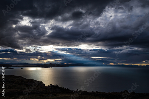 Sunset on Lake Titicaca. View from the Pachatata peak. Peru