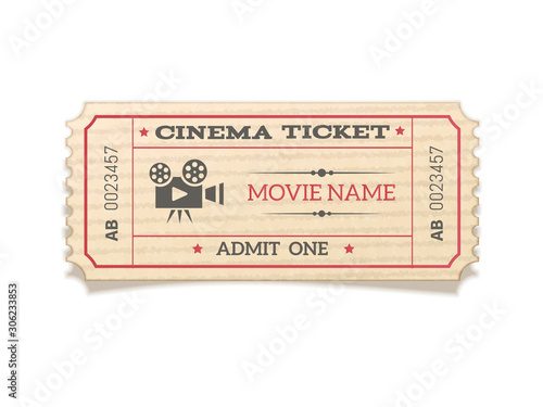 Realistic retro movie ticket isolated on white background.