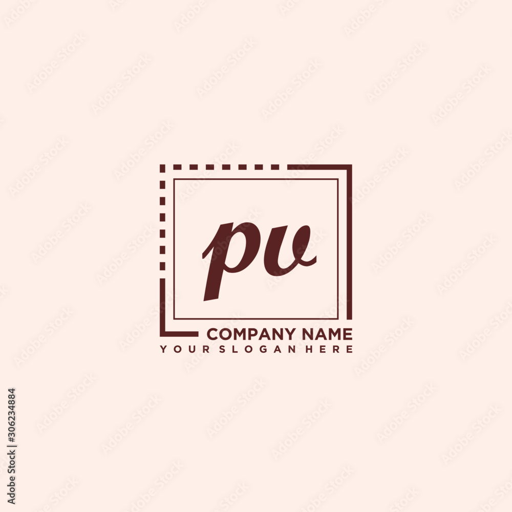 PV Initial handwriting logo concept, with line box template vector