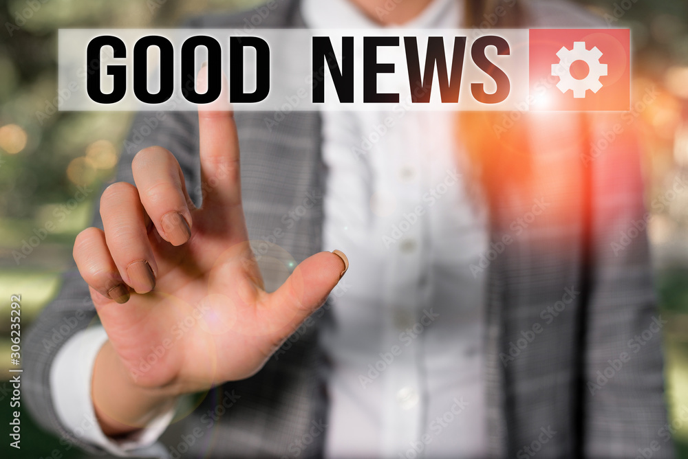 Text sign showing Good News. Business photo showcasing Someone or something positive Encouraging uplifting or desirable Business woman in the nature pointing with the finger into empty space Text sign showing Good News. Business photo showcasing Someone or something positive Encouraging uplifting or desirable Business woman in the nature pointing with the finger into empty space