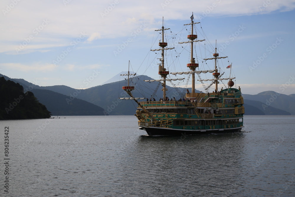 Touristic pirate boat in Hakone lake, Japan Touristic pirate boat in Hakone lake, Japan