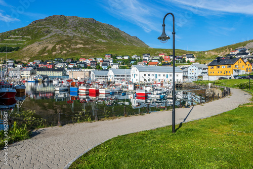 Walk pass in Honningsvag town harborside in Mageroya island.  Nordkapp Municipality in Finnmark county of Norway. photo