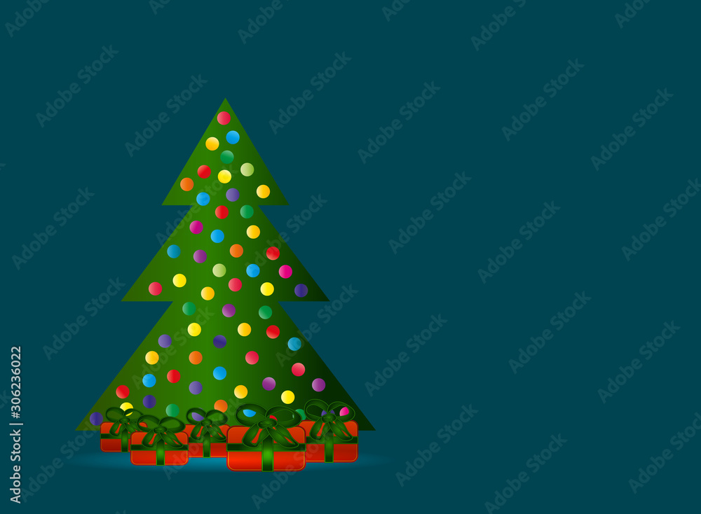 a green tree shining from below with multi-colored round balls and boxes with green bows under a Christmas tree on an emerald background a green tree shining from below with multi-colored round balls and boxes with green bows under a Christmas tree on an emerald background