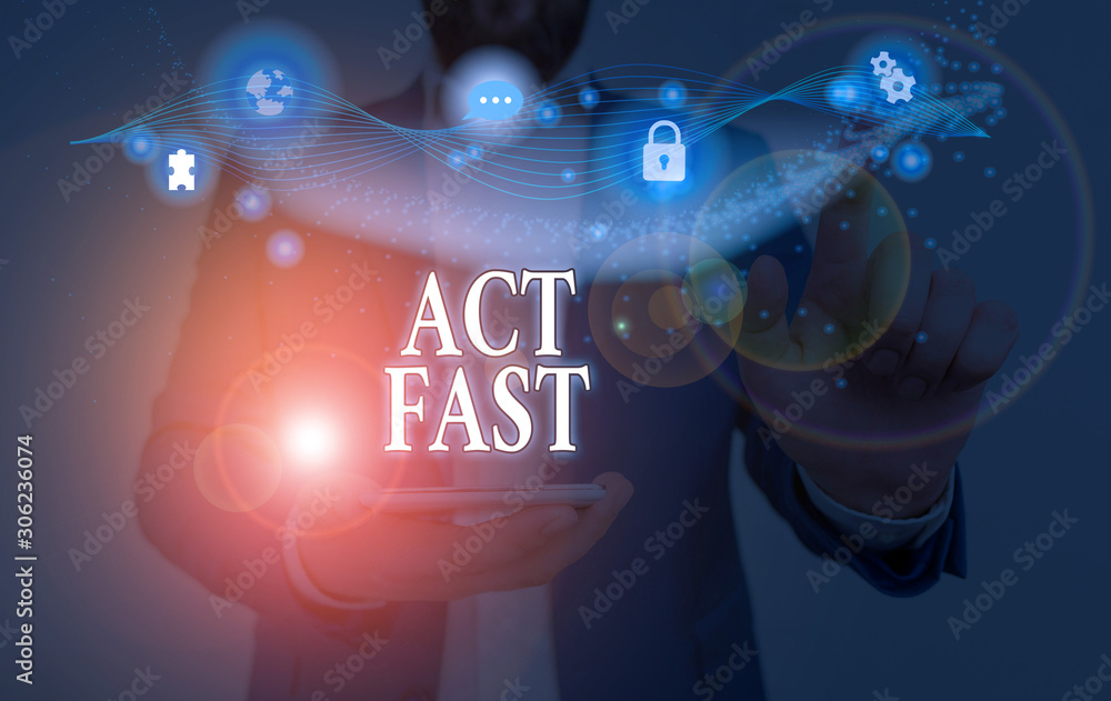 Obraz premium Conceptual hand writing showing Act Fast. Concept meaning Voluntarily move in the highest state of speed initiatively